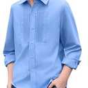 Haloumoning Boys Pleated Front Long Sleeve Dress Shirts Kids Button Down School Uniform Shirt (9-10 Years, Blue)