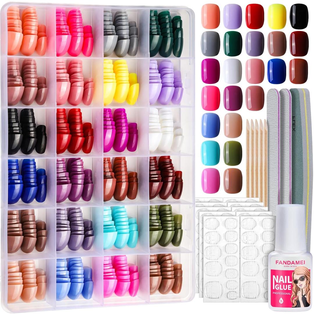 FANDAMEI Press on Nails Short, 24 Packs 576PCS Short Round Press on Nails, 24 Glossy Color Small Fake Glue on Nails with 7g Nail Glue, 24 Color False Nail for Small Nails and hands