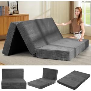 6-Inch Tri-Folding Mattress Queen Size - Foldable Futon Sofa Bed with Removable Washable Cover, Folding Futon Mattress | Non-Slip Bottom & Carry Handles for Guest, Camping