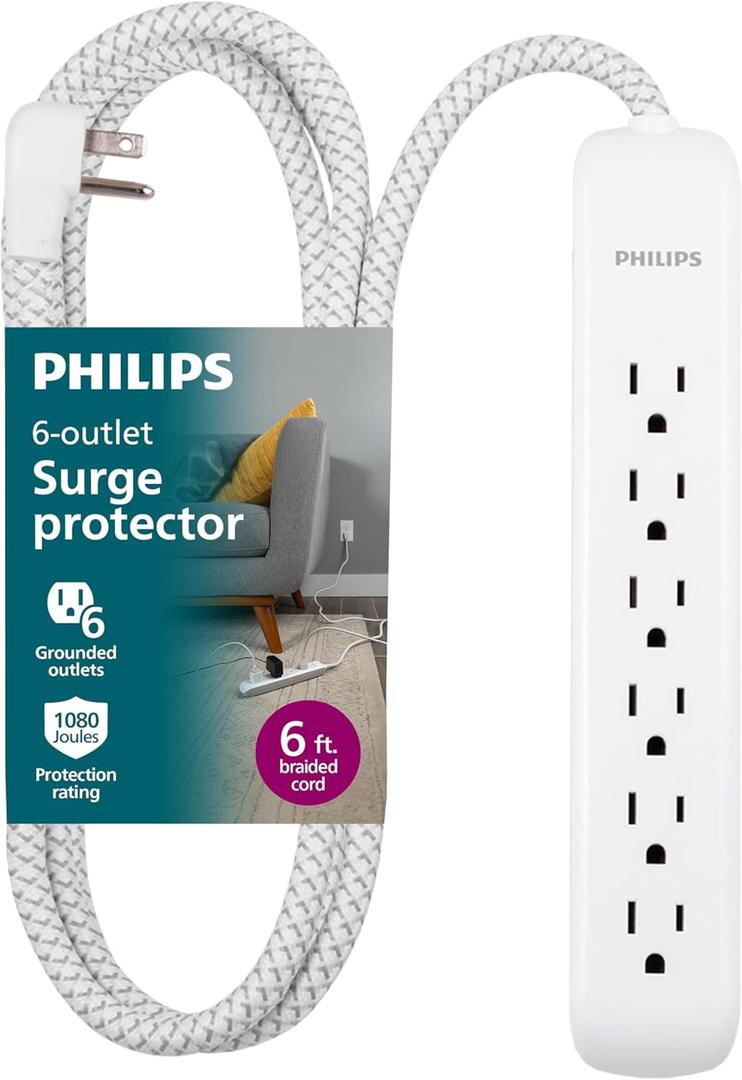 Philips 6 Outlet Power Strip Surge Protector, 6 Ft Power Cord, Designer Braided Extension Cord, Flat Plug, Perfect for Office or Home Décor, 1080 Joules, White,