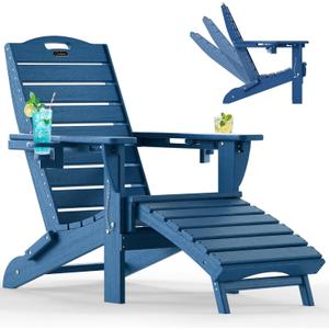 Folding Adirondack Chair with Retractable Ottoman Fire Pit Patio Chair with Pull Out Foot Rest Weather Resistant Lawn Outdoor Lounge Chair with 2 Cup Holder (Navy Blue)