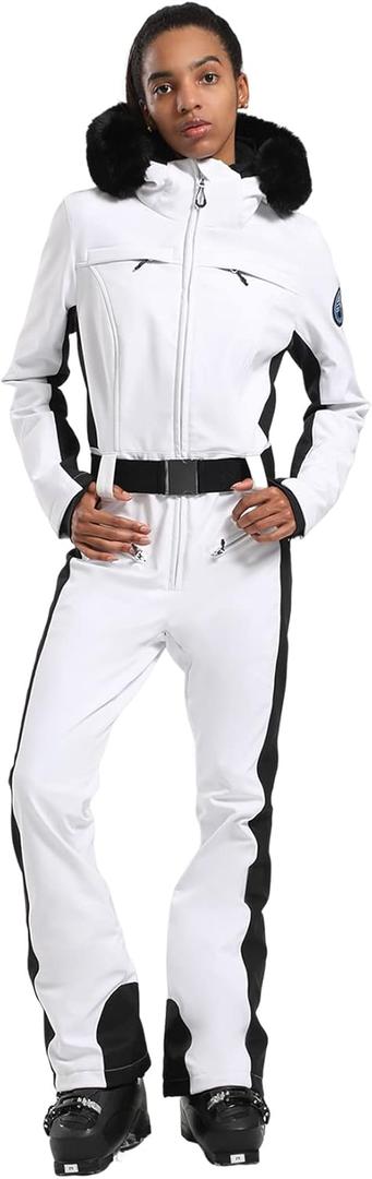 GSOU SNOW Womens Ski Suit One Piece Snowsuit Snowboard Slim Insulated Jumpsuit Jacket Waterproof Windproof for Outdoor Sports (X-Small, White)