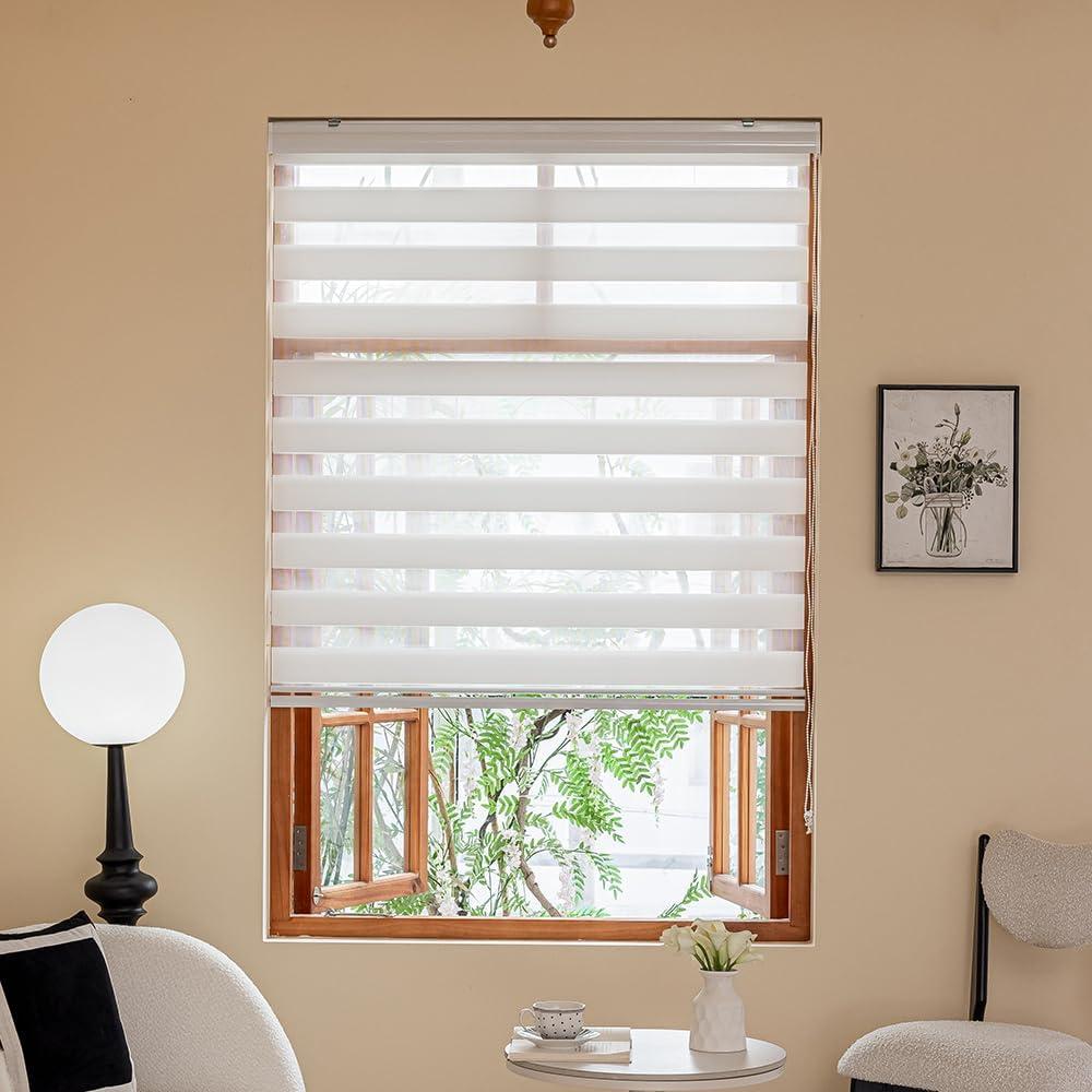 INZEBRIGH Horizontal Zebra Blinds for Windows, 72" Hx 27" W White Light Filtering Control Semi Sheer Roller Windows Shades, Dual Layer Fabric Manual Pull Window Shutter for Home, Bedroom, Office