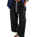 Zontroldy Women's Drawstring Mid Waisted Wide Leg Jeans Loose Fit Straight Leg Denim Pants with Pockets(1476-Black-S)