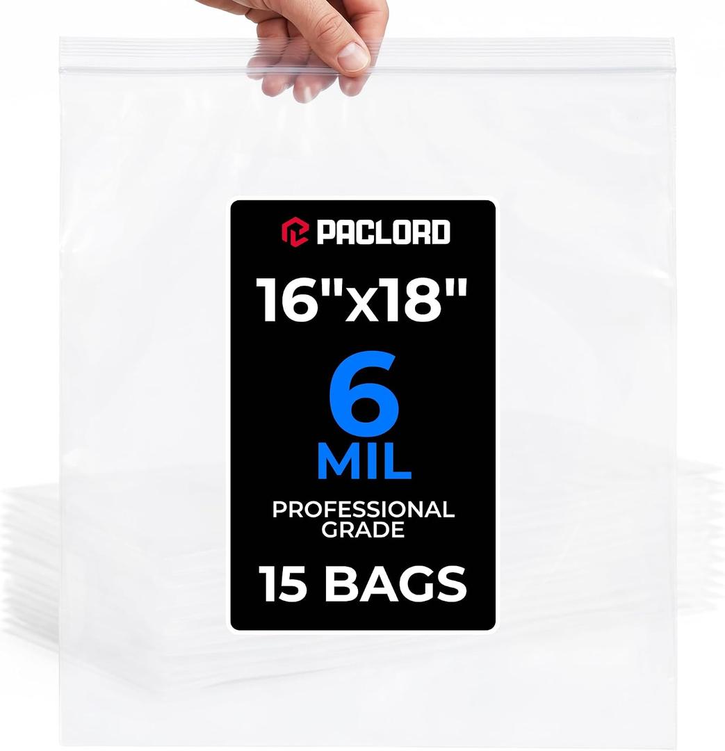 16" x 18" Large Reclosable Plastic Zip Bags, 15 Count | 6 Mil Heavy-Duty Clear Poly Bags, Resealable for Food, Clothes, Hardware, Home & Garage Storage