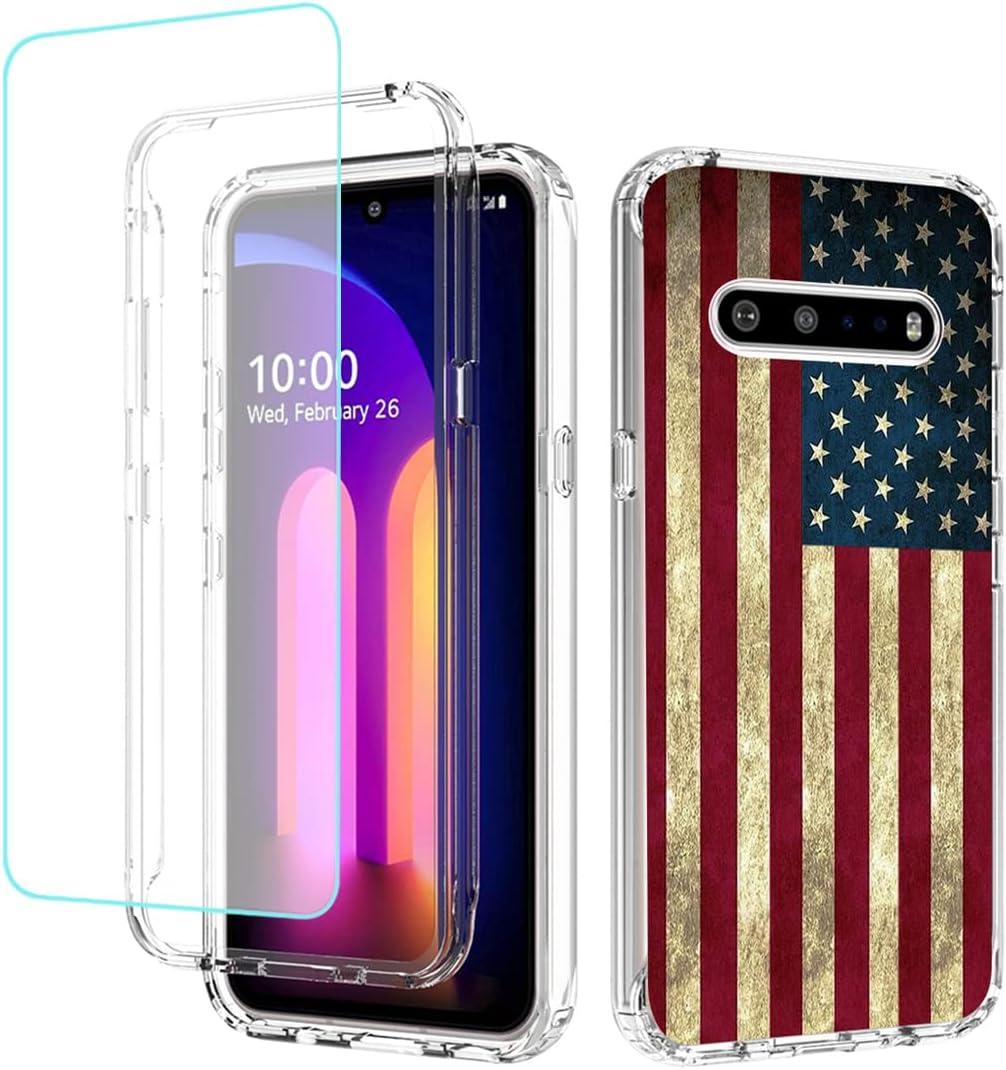 Case for LG V60 ThinQ 5G Case/LG V60/LM-V600 Case with Tempered Glass Screen Protector, Full Body Cute Floral Bumper Shockproof Protective Phone Case Cover for LG V60 ThinQ (Flag)