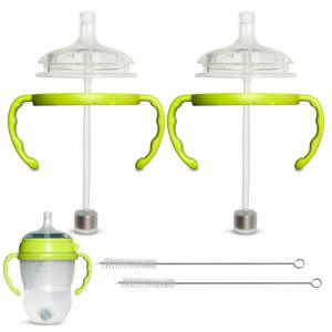 Straw Cup Conversion Kit for Comotomo Baby Bottles 2-Count, Food Grade Silicone Straw Nipples, All Silicone Weighted Straw, Bottle Handles and Cleaning Brush, BPA Free, 6+ Months (Straw Top, Green)