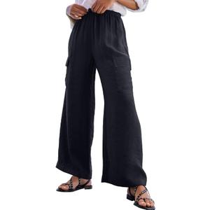 EVALESS Women Palazzo Pants Summer Casual Wide Leg High Waist Lounge Flowy Beach Trousers Travel Vacation Outfits (Large, Black)