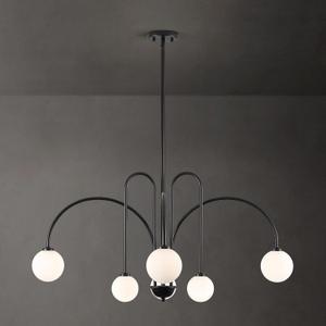 Modern Sputnik Globe Chandelier, 6-Light Black Linear Chandeliers for Dining Room and Kitchen Island, Mid Century Light Fixture Over Table, (Milk White Glass Bubble Shades, 40 Inch)