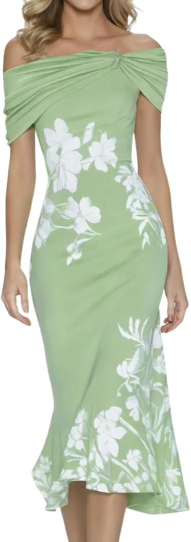 Bodycon Dresses for Women Floral Off Shoulder Fishtail Cocktail Dress 2026 Summer Midi Prom Dresses for Wedding Guest (Green, S)