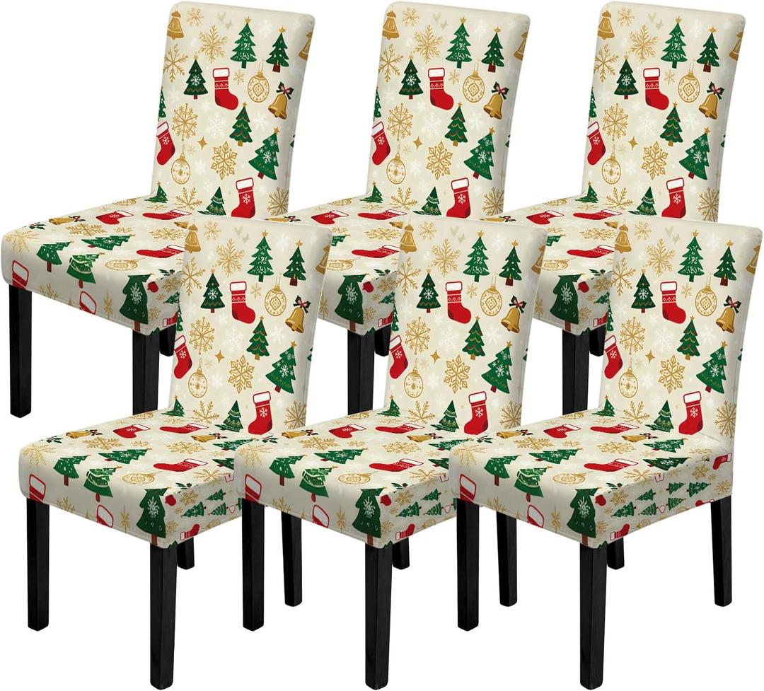 FOREVER QUEEN 6Pcs Merry Christmas Chair Covers Classic Winter Pattern Xmas Tree Sock Washable Chair Back Protector Slipcovers for Home Kitchen Hotel