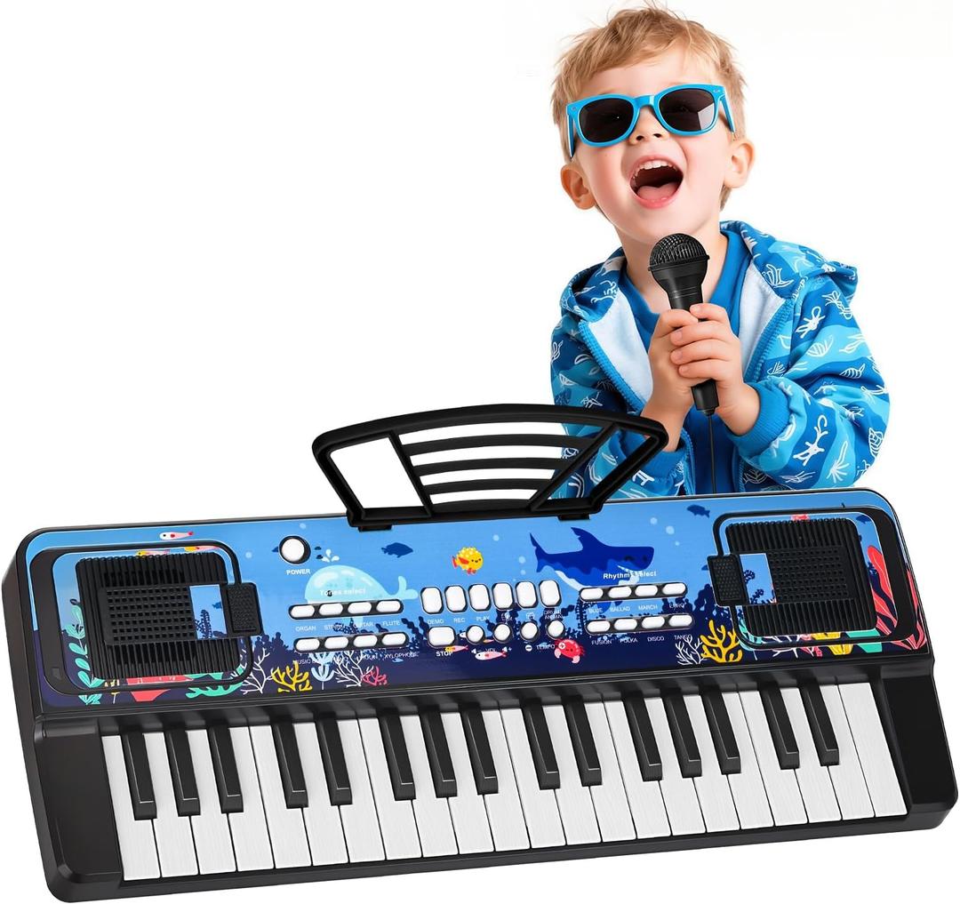 Upgraded 37 Keys Kids Piano Keyboard with Microphone Music Stand  Portable Musical Toys for Toddlers Ages 3 4 5 6 Boys Girls Birthday Gift - Black