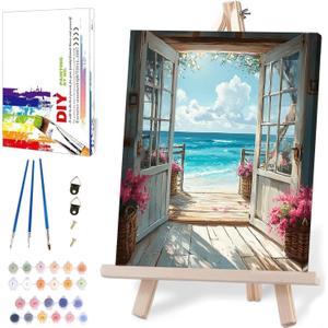 DIY Scenery Paint by Numbers Kit for Adults with Framed Canvas,Landscape Beach Digital Oil Painting Kit for Beginners,Acrylic Paint by Number Kits with Wooden Easel for Holiday Gifts 12X16 Inch