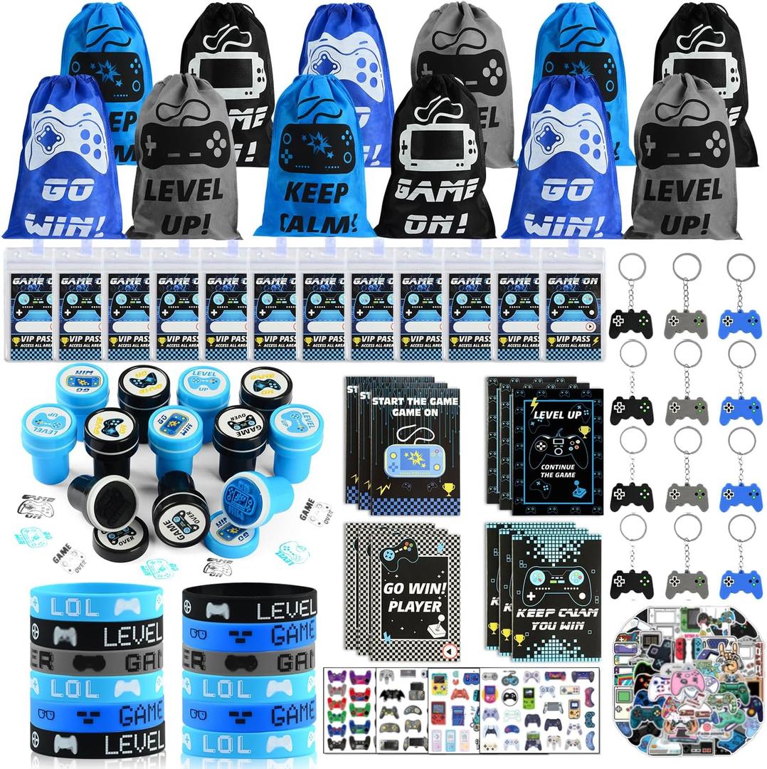 KISPATTI 126 PCS Video Game Party Favors, Gaming Birthday Party Favors with Drawstring Bags VIP Pass Tickets Stamper Notebook Game On Party Favor Bags Gamer Party Supplies