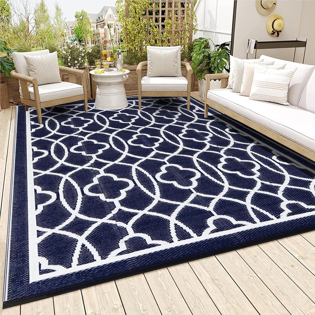 Pendolr Outdoor Rugs 9x12 for Patios Clearance - Waterproof Reversible Indoor Outdoor Rugs Carpet, Portable Plastic Straw Rug for RV Camping, Picnic, Beach, Porch, Deck(01#,Navy&White)