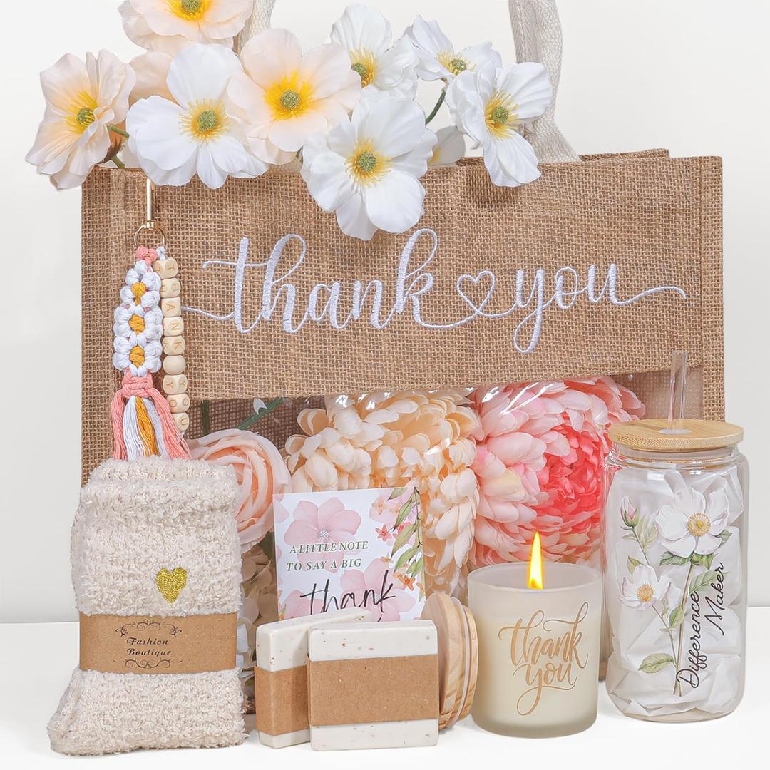 Thank You Gifts for Women,7Pcs Appreciation Gift for Coworkers Employees Teacher Nurse Friends,Thank You Tote Bag Tumbler Candle Set