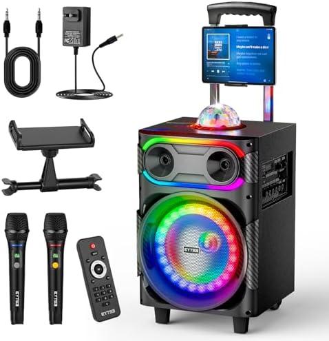 EYTSE Karaoke Machine with 2 Wireless Microphones, Portable Big BT Party Speaker with 250W Peak Power, PA System with Disco Ball LED Lights, Tablet Lyrics Display Holder, Rolling Wheels and Trolley