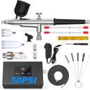 TURNRISE Airbrush Kit with Air Compressor: 50 PSI High Pressure Air Brush Kit with 0.2/0.3/0.5mm Nozzle & Cleaning Set for Painting, Modeling, Cake Decorating, Makeup, Nails, Crafts