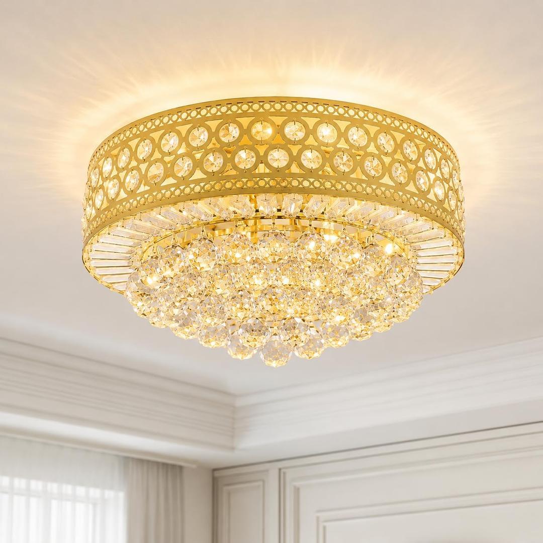 Luxury Crystal Ceiling Light Fixture, 20 inch Flush Mount Chandelier, Modern Round K9 Crystal Ceiling Light for Living Room Bedroom Dining Room (Gold)