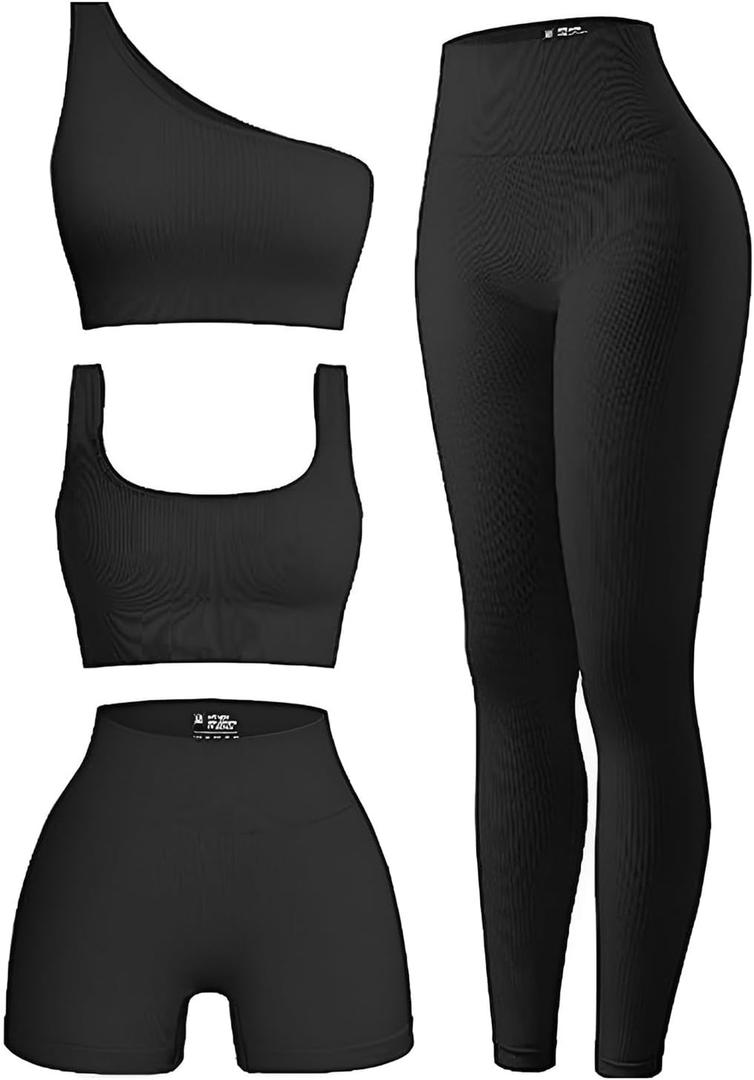 4 Piece Workout Sets For Women Ribbed Leggings Clothes Yoga Sets Active Wear Matching Work Out Sets Gym Pilates Outfits (Large, Black)