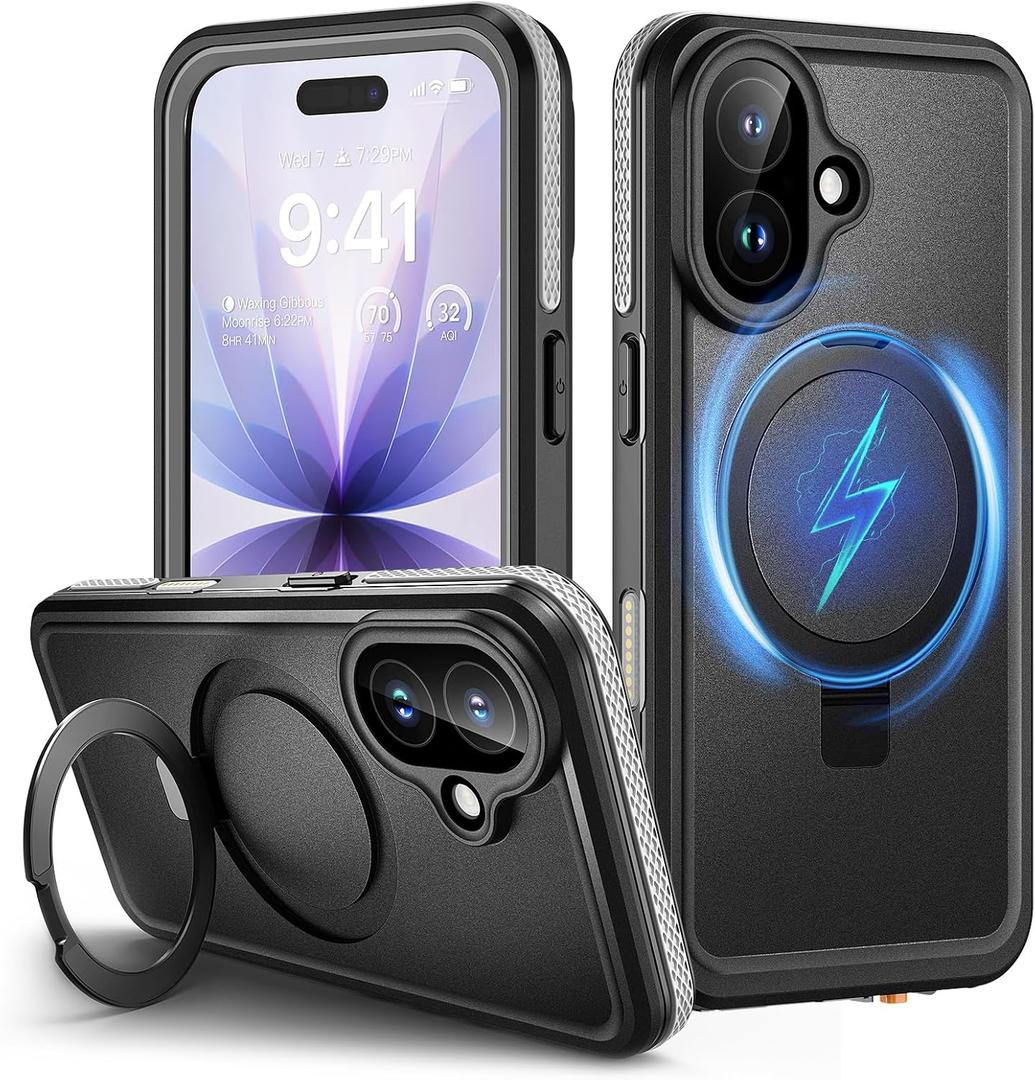Lanhiem Magnetic for iPhone 17 Waterproof Case, Dustproof Case Built-in Screen Protector, [Fit for MagSafe] [Invisible Stand] Shockproof Heavy Duty Underwater Case for 17(Black)
