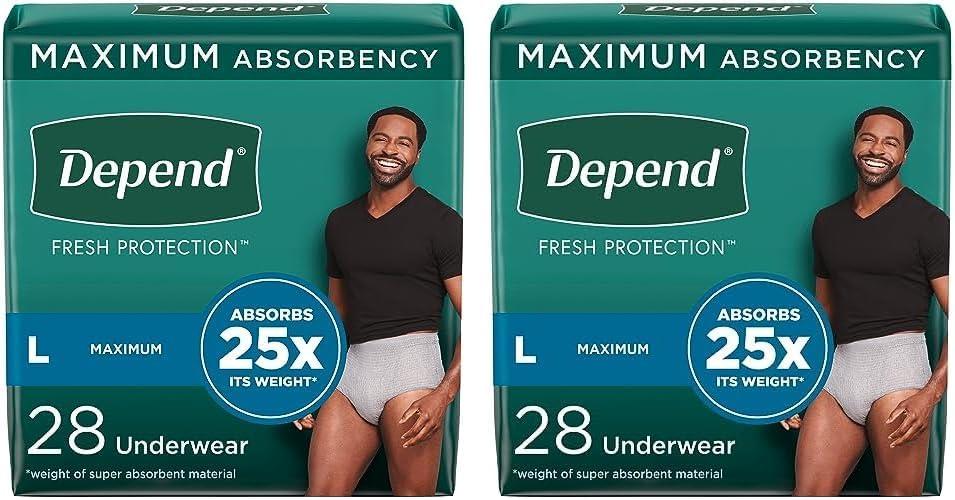 Depend Fresh Protection Adult Incontinence Underwear for Men (Formerly Depend Fit-Flex), Disposable, Maximum, Large, Grey, 28 Count, Packaging May Vary (Pack of 2)