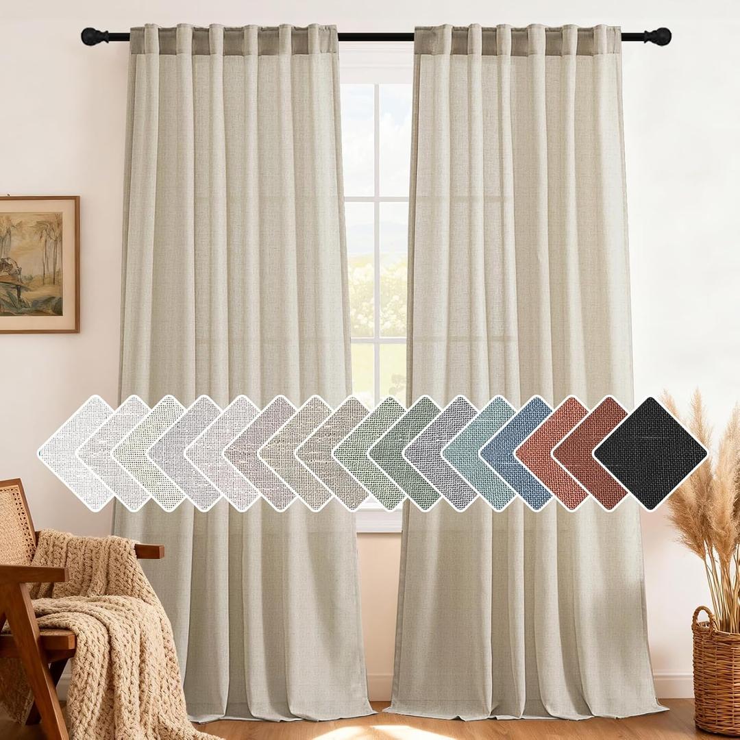 H.VERSAILTEX Natural Linen Curtains 84 inches Long for Living Room 2 Panels Back Tab Loop Pocket Textured Light Filtering Semi Sheer Curtains Rustic Farmhouse Boho Curtain for Bedroom, Castle Wall
