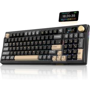 RedThunder K95 Wireless Mechanical Keyboard, TFT Screen & Knob, Tri-Mode BT5.0/2.4GHz/USB-C Hot Swappable Custom, Pre-lubed Linear Pink Switches, Gasket Structure, RGB Gaming Keyboard, Black-Gold