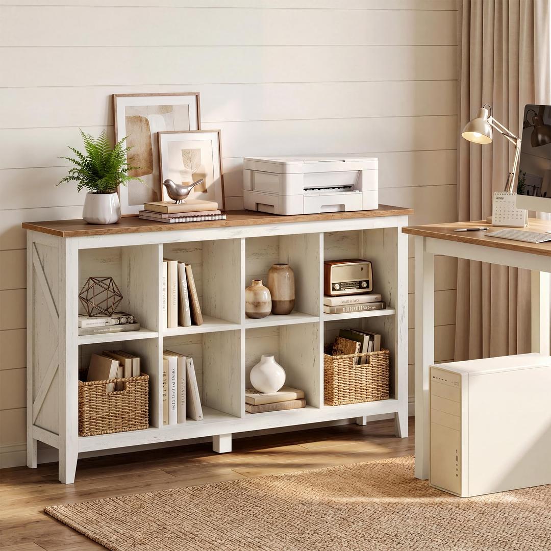 Farmhouse Bookshelf, 8-Cube Storage Organizer with Legs | Storage Cabinets For Living Room, Bedroom, Farmhouse Style, Cloud White and Warm Brown, LIRY Collection ULBC138W101S