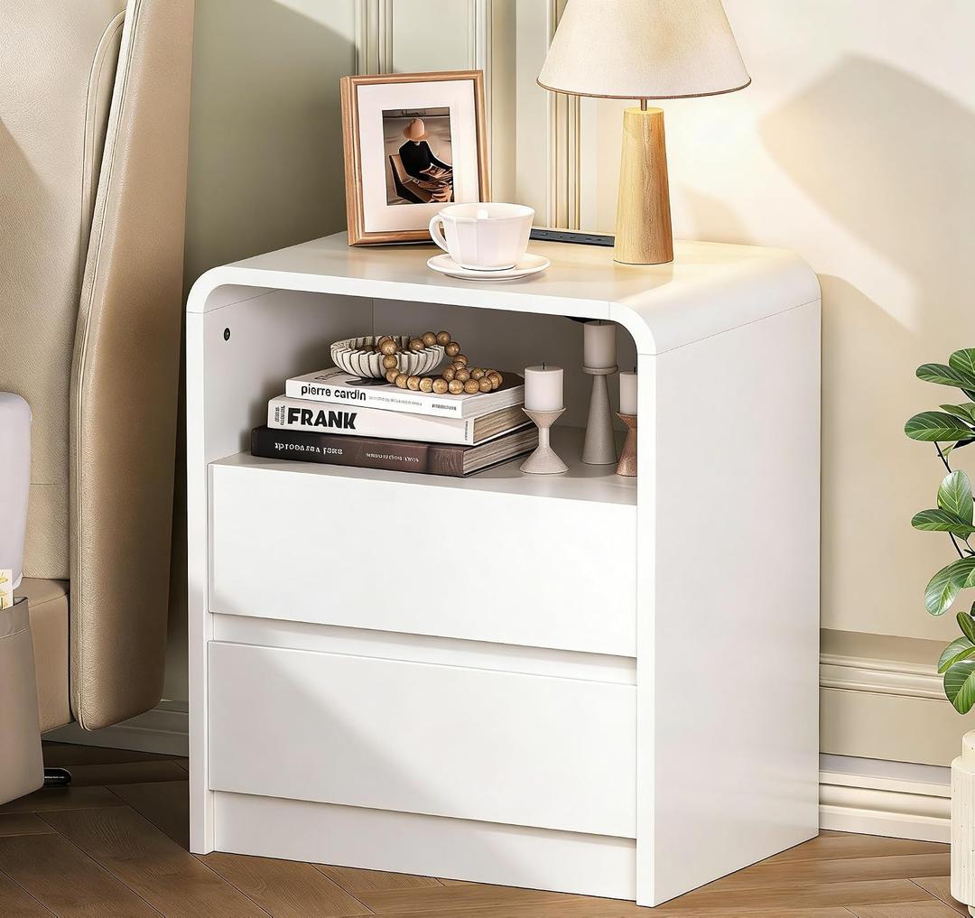 Modern Night Stand with Charging Station, 25" Tall Wood Nightstand Bedside Table with 2 Drawers & USB Ports, Mid-Century End Table for Bedroom (1, White Smooth, 2 Drawers)