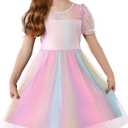 Arshiner Toddler Girls Tulle Summer Puff Sleeve Baby Girls Tutu Princess Party Casual Dress 2-6Y (Rainbow, Size 2)