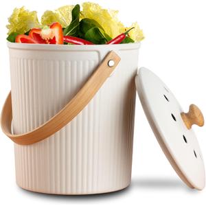LALASTAR Countertop Compost Bin with Lid, Made of Sustainable Bamboo Fiber, Odorless Kitchen Compost Bucket, 1 Gallon, Cream