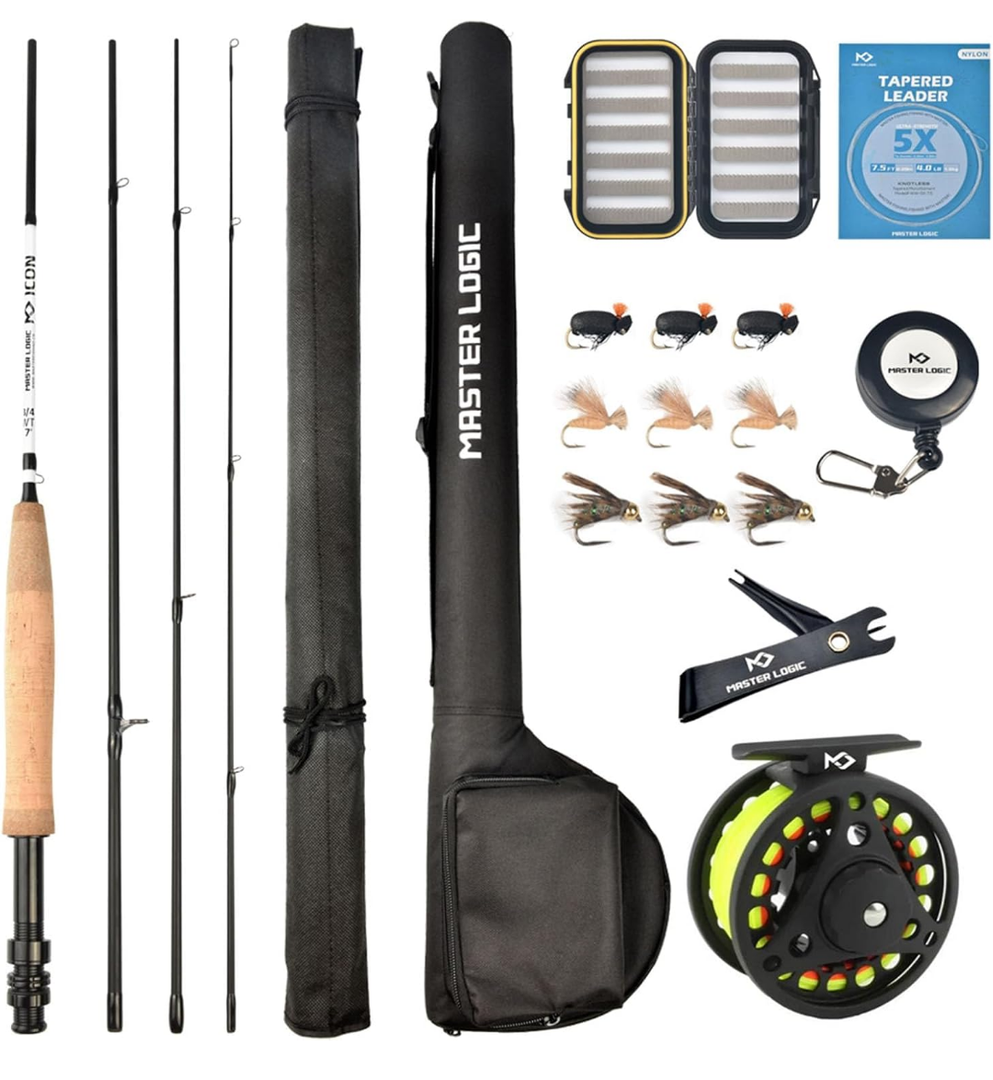 Fly Fishing Rod and Reel Combo Starter Kit, Graphite Fly Rod with Cork Handle, Die Cast Aluminum Reel, Fly Box Case & Fishing Flies and Carrying Case and Accessories, 3/4wt - 7' - 4 pc