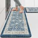 KIMODE Anti Fatigue Kitchen Mats 17.3" x 47"+17.3" x 29", Boho Blue Kitchen Rugs Sets of 2, Non Slip Waterproof Kitchen Floor Mats, Vintage Memory Foam Kitchen Mat for Sink, Laundry, Desk