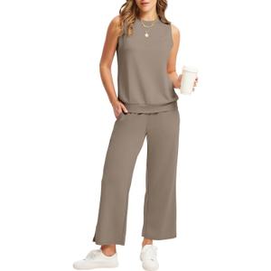 WIHOLL Two Piece Set for Women Summer Outfits Vacation Lounge Sets Round Neck Matching Sets Wide Leg Crop Pants (Beige, XL)