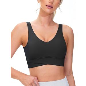 THE GYM PEOPLE Women's Padded Sports Bra V-Neck Wireless Stretchy Workout Crop Tops with Cross Hem Soft Yoga Bras, S Black
