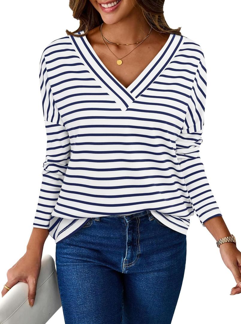 LilyCoco Womens V Neck T Shirts Breton Loose Fit Striped Long Sleeve Shirt Tshirt Blue Small