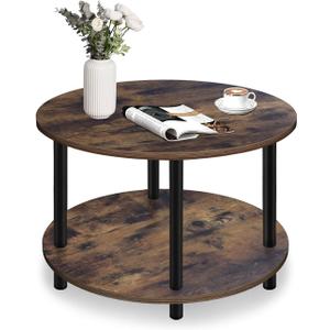 Small Round Coffee Table for Small Space, 23.5" 2-Tier Rustic Brown Wooden Coffee Table with Open Storage for Living Room/Balcony/Office, Metal Legs, Easy to Assemble