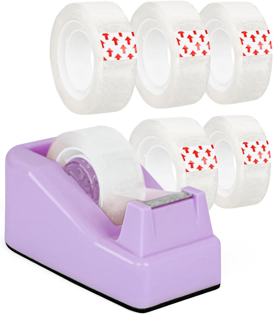 Desktop Tape Dispenser Purple with Weighted Nonskid Base - Includes 6 Rolls of Transparent Tape (0.71 Inch x 1000 inches Each)