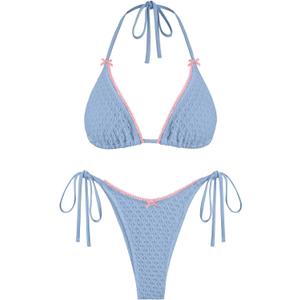 ZAFUL Bikini Sets for Women Halter Two Piece Swimsuit Eyelet Triangle Tie Side Thong Bathing Suit Bowknot Lace Trim Swimwear (X-Small, Blue)