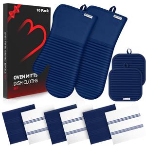 Oven Mitts and Pot Holder Sets with Silicone Grip, 500F Heat Resistant-6 Pack Dishcloth/Dish Towels for Kitchen 100% Cotton-Value Kitchen Essentials for Cooking, Baking, Grilling-Marine Blue