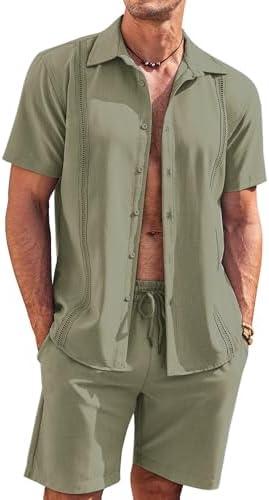 COOFANDY Men's 2 Piece Short Set Cuban Guayabera Shirts Short Sleeve Casual Beach Outfits Set, L