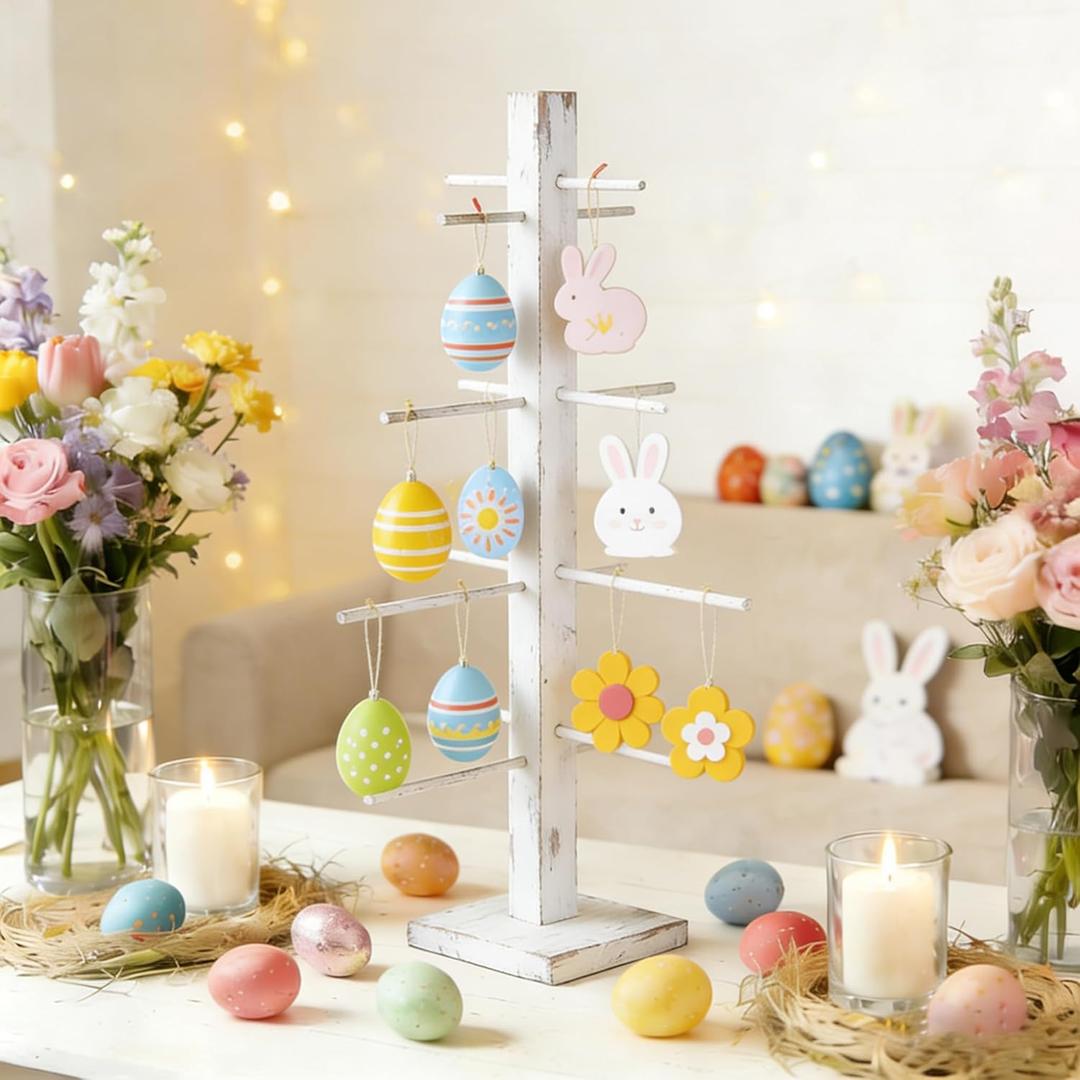 32 inch Vintage White Easter Farmhouse Ornament Tree Display Stand Easter Egg Tree Holder Tabletop Decor Wood Rustic Trees for Wedding Anniversary Christmas Birthday Farmhouse Party Home Decoration