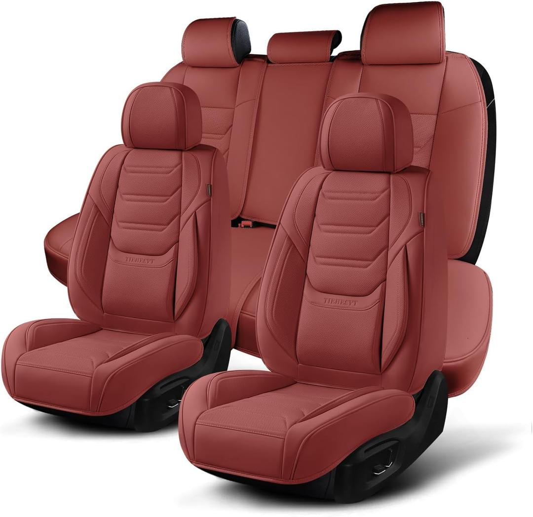 TIEHESYT Car Seat Covers Full Set, Breathable Leather Automotive Front and Rear Seat Covers, Car Seat Protectors Full Set, Compatible with Most Vehicles, SUV (Martha Red, Front Pair and Rear)