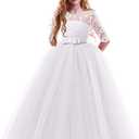 Girls Flower Vintage Floral Lace 3/4 Sleeves Floor Length Dress Wedding Party Evening Formal Pegeant Dance Gown 140 Size