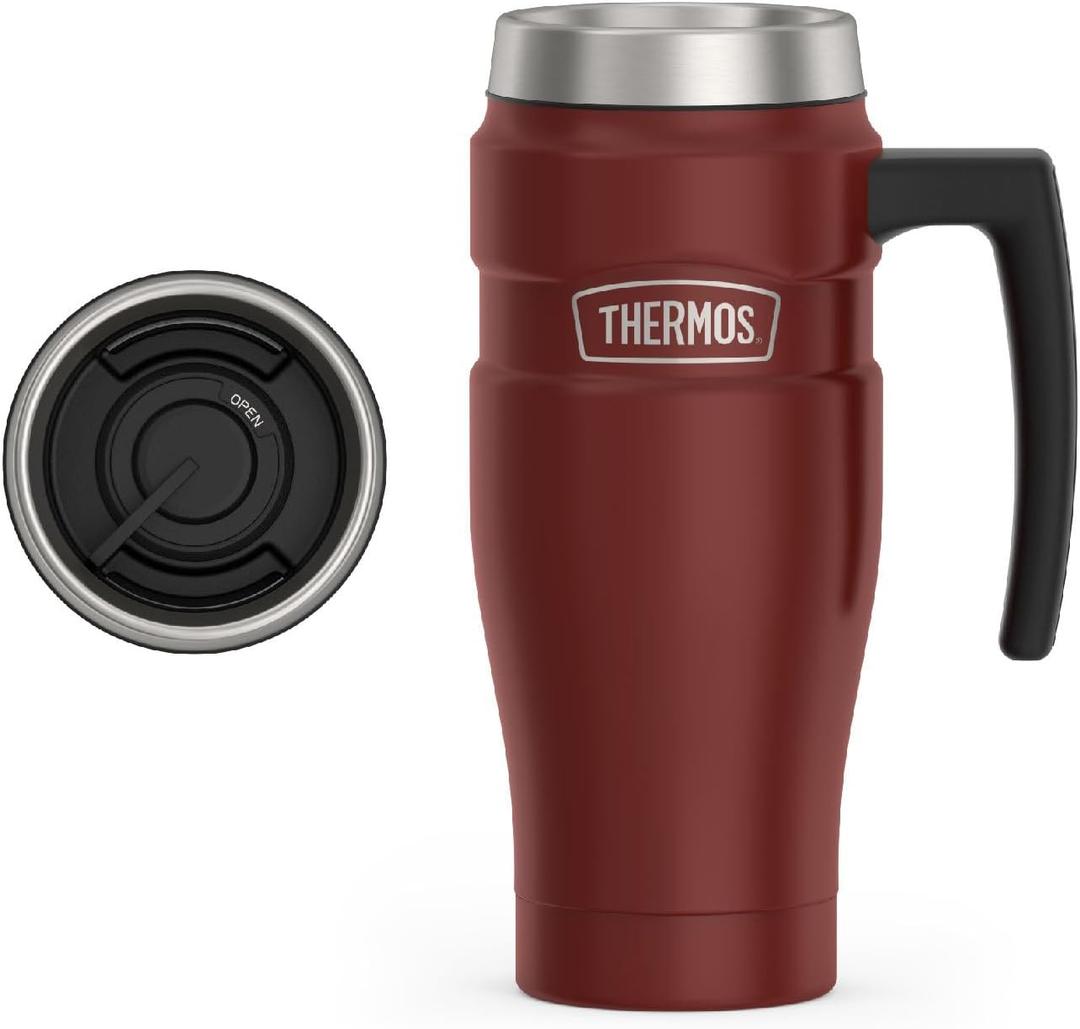 THERMOS Stainless King Vacuum-Insulated Travel Mug with Handle - 16oz, Rustic Red - Thermos Tumbler for Hot & Cold Drinks - Leak-Proof & Sweat-Proof Stainless Steel Coffee Mug with Lid for Commuting