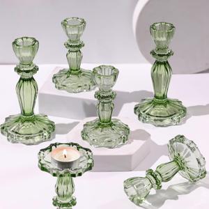Green Candlestick Holders Set of 6, Taper Candle Holders, 4.3" H & 6.3" H Glass Candle Holder for Candlesticks & Pillar Candles, Candle Holder for Wedding and Dining Table Decor