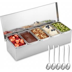 5 Compartments Stainless Steel Chilled Condiment Tray, Garnish Tray with 5 Removable Compartments, Condiment Dispenser with Lid, Fruit Serving Containers