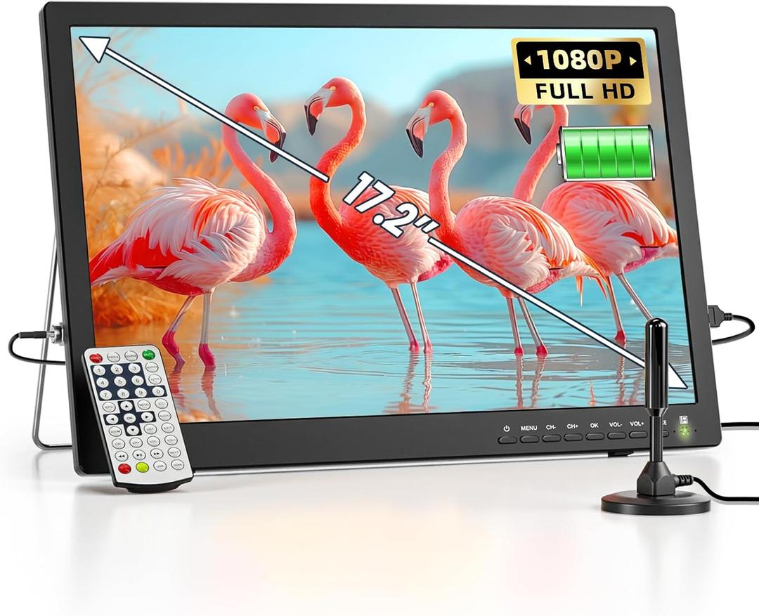 NORTHING 17.2" Portable TV for Camping, 7000mAH Built-in Powered TV with Antenna/USB/HDMI/AV Input, 12V Small T V for Camping Bedroom Kitchen RV Patio Car Power Outage, Sleep Timer