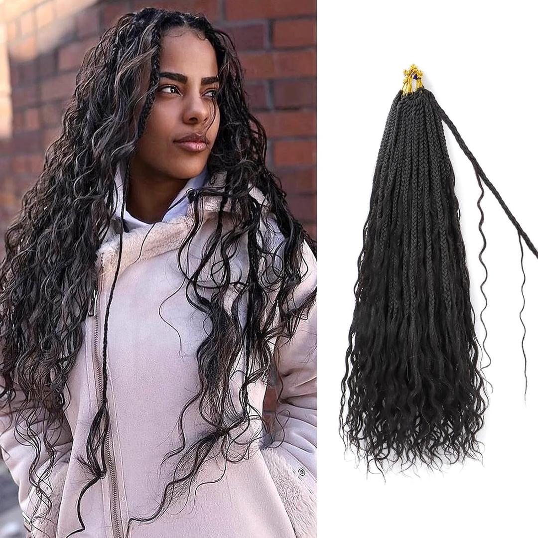 IXIMII Crochet Boho Braids with Human Hair Curls 14inch 8packs 96strands 1B# Deep Wave Pre Looped Goddess Bohemian Box Braids Crochet Hair Curly Ends Hair Extensions For Women